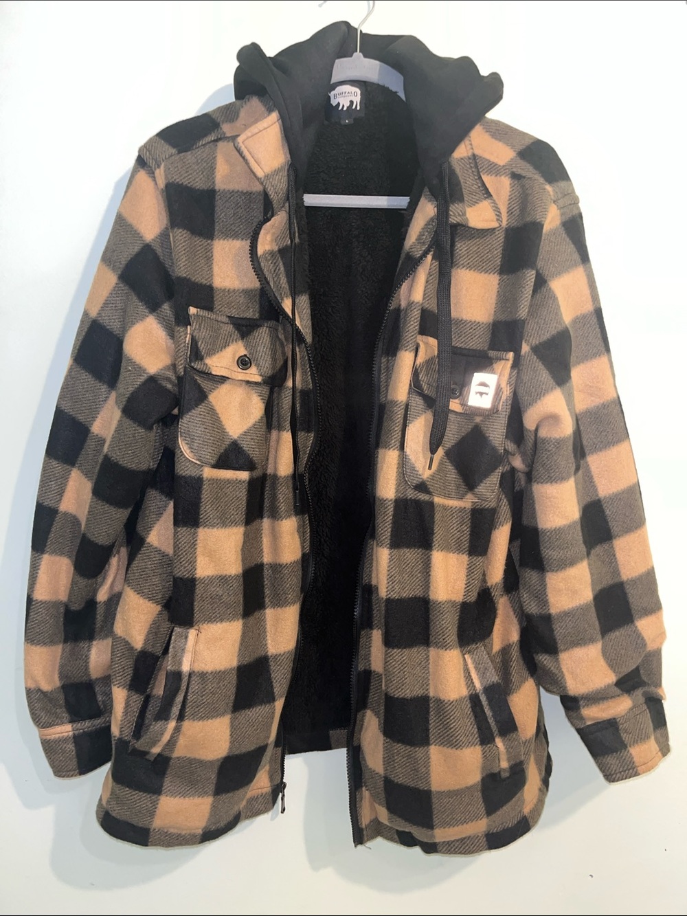 Men's Black & Tan Plaid Hooded Sherpa lined Field Jacket